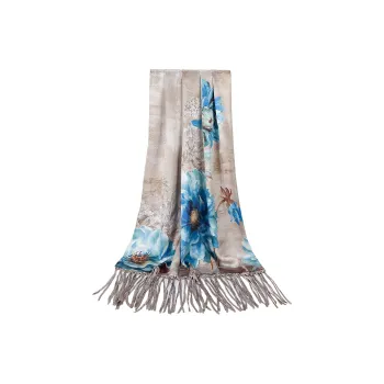 Shanghai Story 100% Mulberry Silk Scarves Women's Luxurious Bloom, Gray Coffee