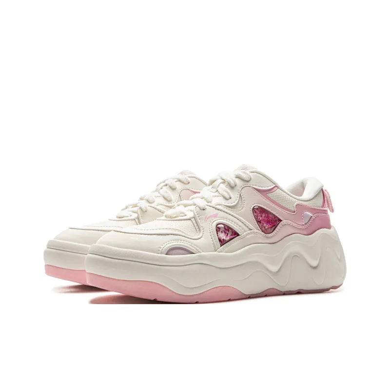 Disney x LiNing Cheese 3.0 Anti Slip And Wear Resistant Height Increasing Low Top Skateboard Shoes Women's White Pink-2