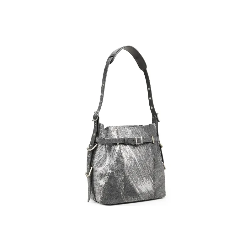 CHARLES&KEITH PU, Textile Mixture Shoulder Bag Medium Size Women's Denim Blue-1