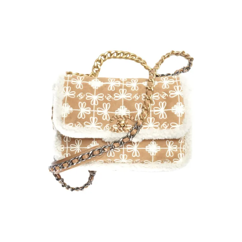 CHANEL 19Bag Embroidery Suede Lambskin Plush Crossbody Bag Women's Camel White-0