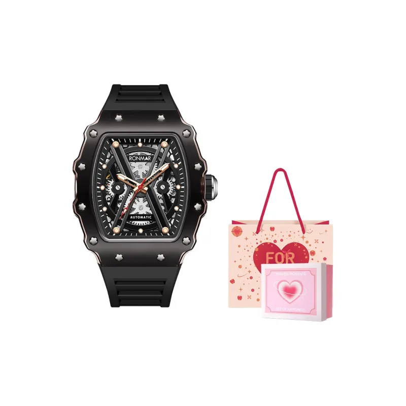 RONMAR Automatic Mechanical Movement Silicone Strap Watch Men's Watches Black Dial-14