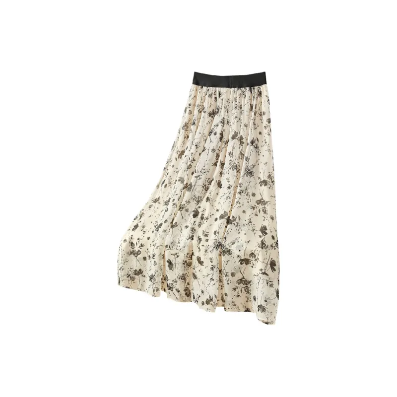 TOUCH Casual Long Skirt Women's Apricot Black Floral-1