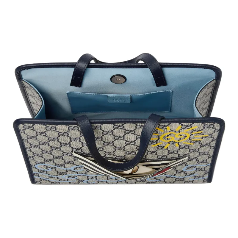 GUCCI GG Supreme Canvas Tote Bag, Shopping Bag, Handbag Men's Beige & Blue-4