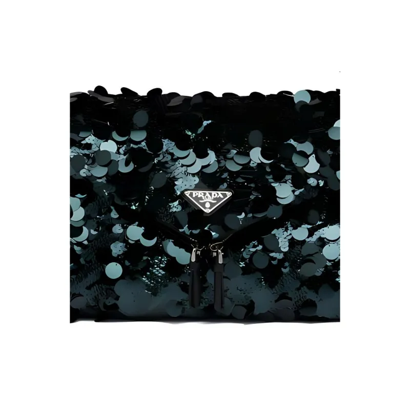 PRADA Sequins Embroidery With Leather Handbag Shoulder Bag Women's Dark Green-3