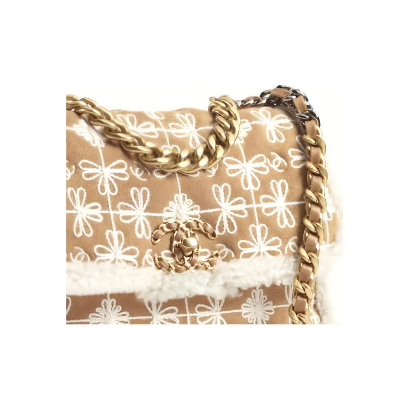 CHANEL 19Bag Embroidery Suede Lambskin Plush Crossbody Bag Women's Camel White-3