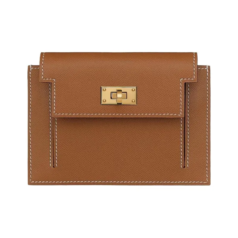 HERMES Kelly Pocket Cow Leather Coin Purse Unisex 37 Gold Brown-0