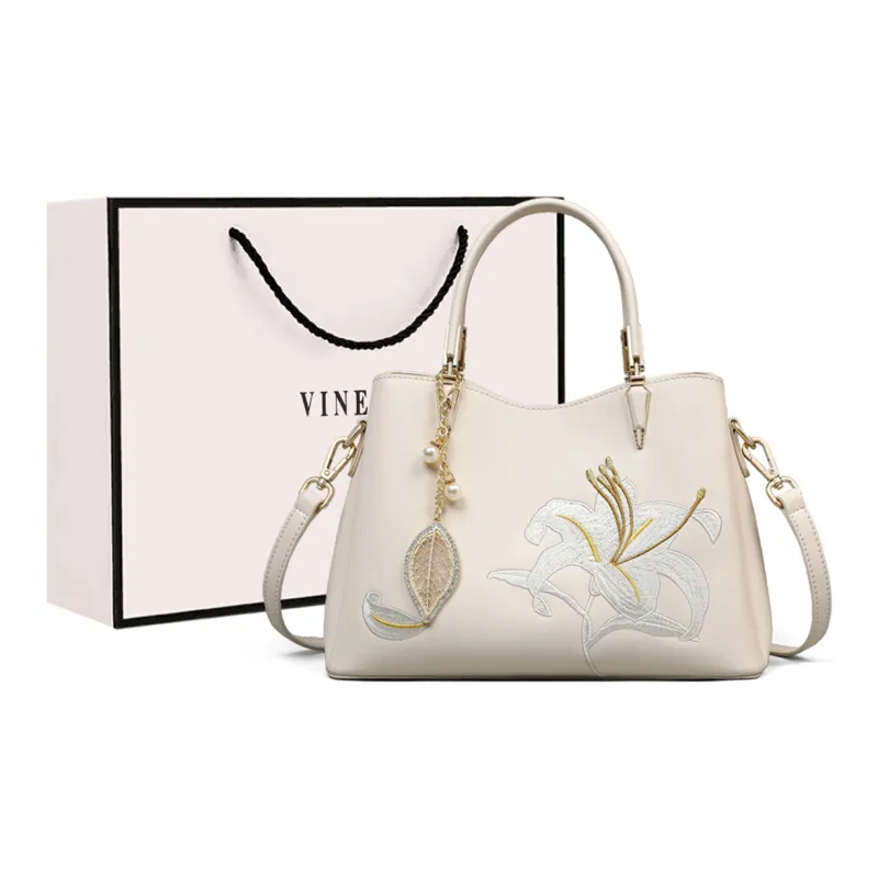 VINEY Cow Leather Handbags Shoulder Bag Crossbody Bag Large Size Women's Ecru-0