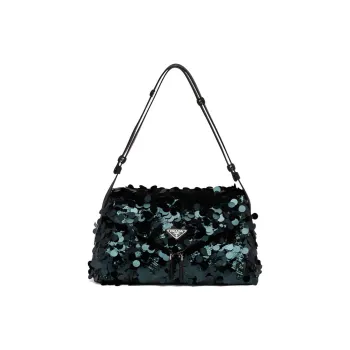 PRADA Sequins Embroidery With Leather Handbag Shoulder Bag Women's Dark Green