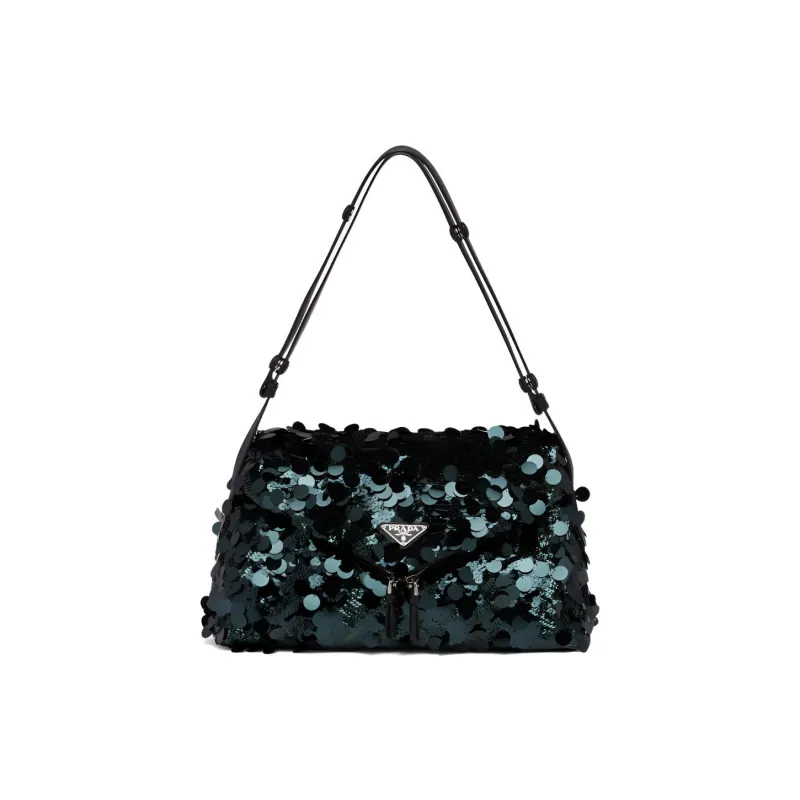 PRADA Sequins Embroidery With Leather Handbag Shoulder Bag Women's Dark Green-0