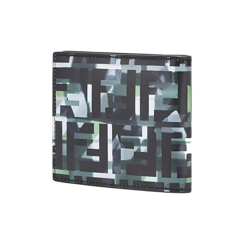 FENDI Leather Cropped Double-Fold Wallet Men's Green/Black-1