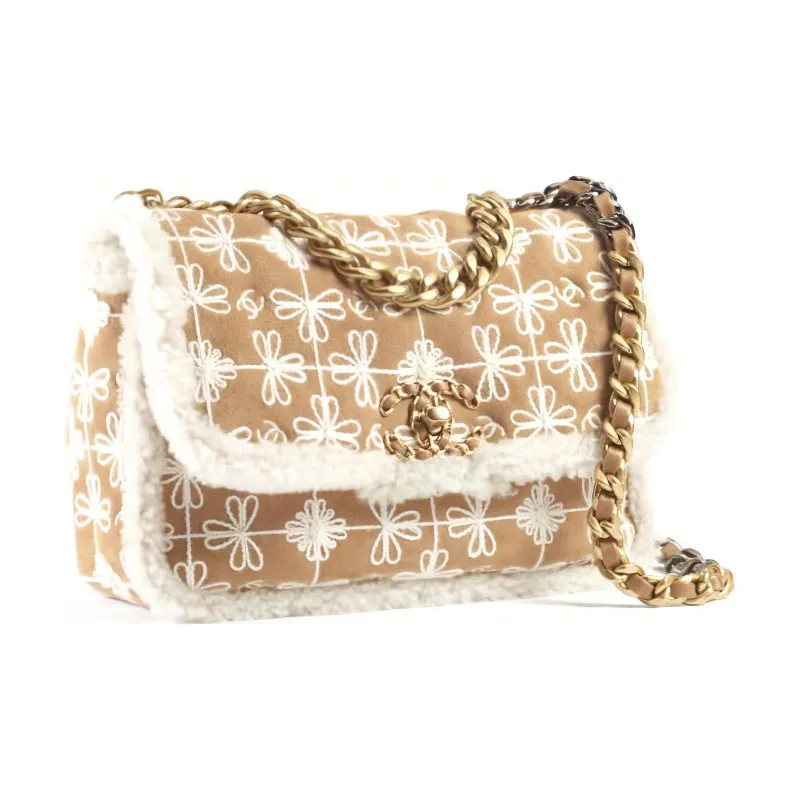 CHANEL 19Bag Embroidery Suede Lambskin Plush Crossbody Bag Women's Camel White-1