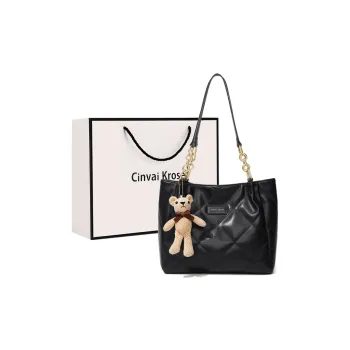 Simvay Clos Synthetic Leather One Shoulder Tote Portable Tote Shopping Bag Large Size Women's Black/Ecru