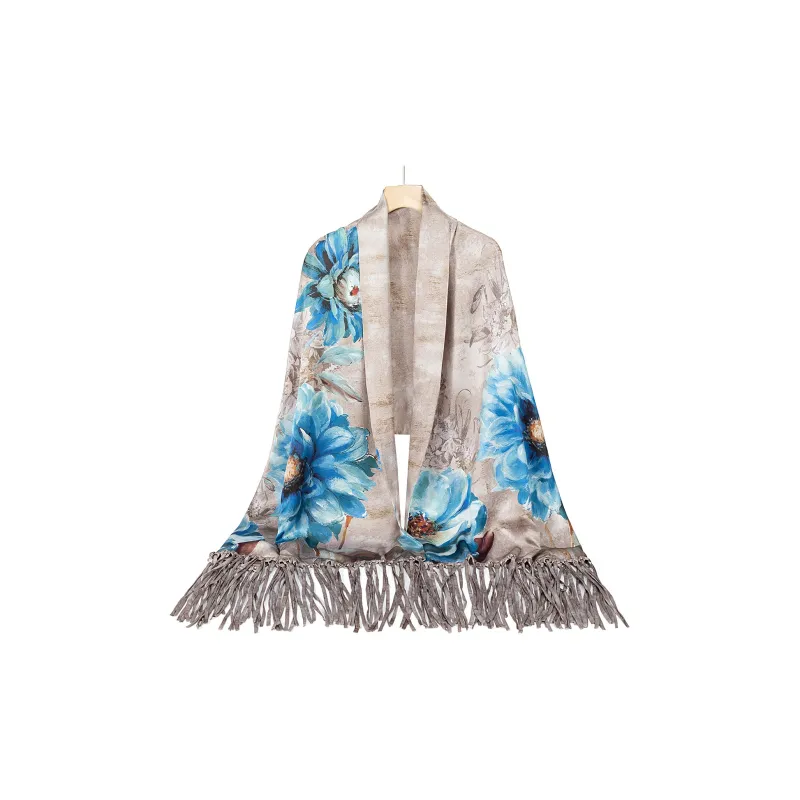 Shanghai Story 100% Mulberry Silk Scarves Women's Luxurious Bloom, Gray Coffee-4