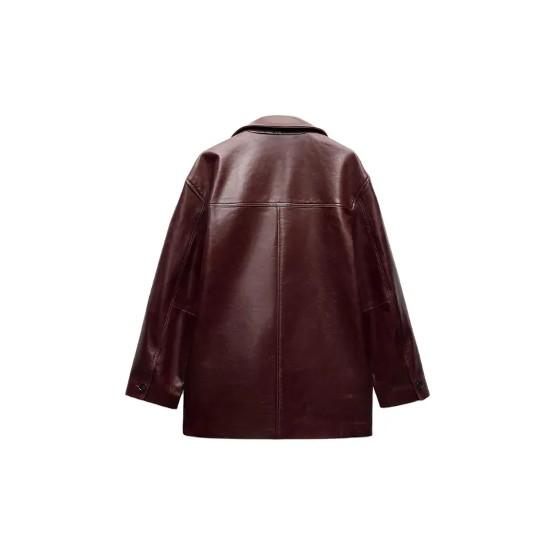 ZARA ZW Series Leather Jacket Women's Burgundy Red-1