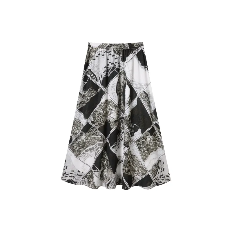 DIALOGUE Casual Long Skirts Women's Black White Arts Print-1