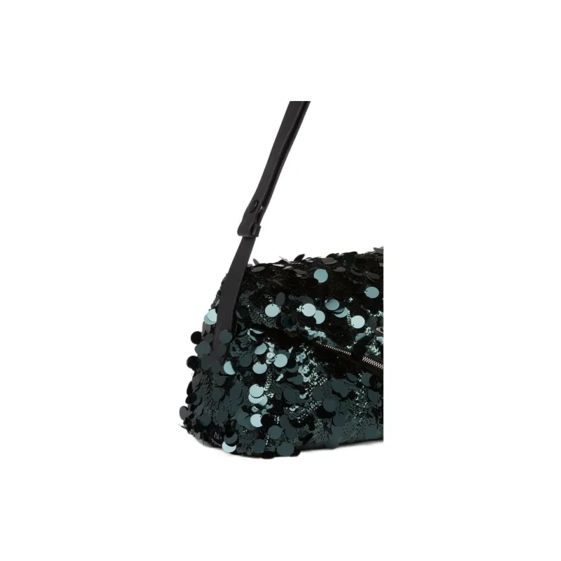 PRADA Sequins Embroidery With Leather Handbag Shoulder Bag Women's Dark Green-4