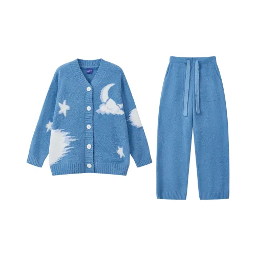 WILD ROOMS Fall And Winter Pajama Set Unisex Blue White