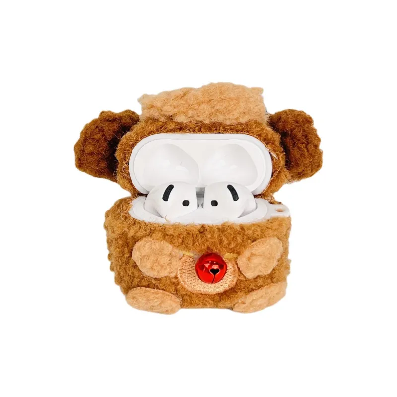 Sopi Compatibility With Apple AirPods 4/2/3/4th Generation/AirPods Pro/Pro 2 Plush Red Bell Teddy Dog Headphone Cases-1