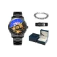 Obsidian Black, Steel Band[High-End Blue Leather Box+Genuine Leather Strap+Cuban Bracelet]