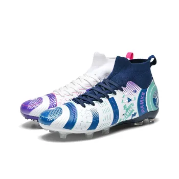 PANKE Soccer Shoes Unisex High Top Mismatched White Dark Blue+White Purple Rose