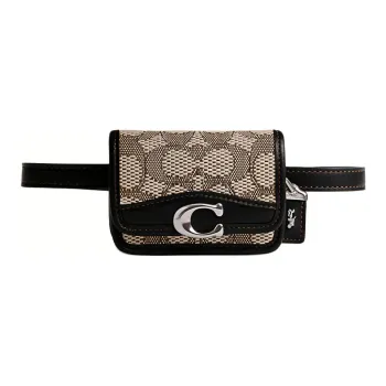 COACH Bandit Jacquard With Glove Tanned Leather Coin Purse Card Holder Fanny Pack Women's Black & Khaki