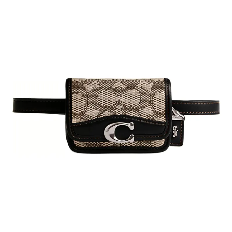 COACH Bandit Jacquard With Glove Tanned Leather Coin Purse Card Holder Fanny Pack Women's Black & Khaki-0