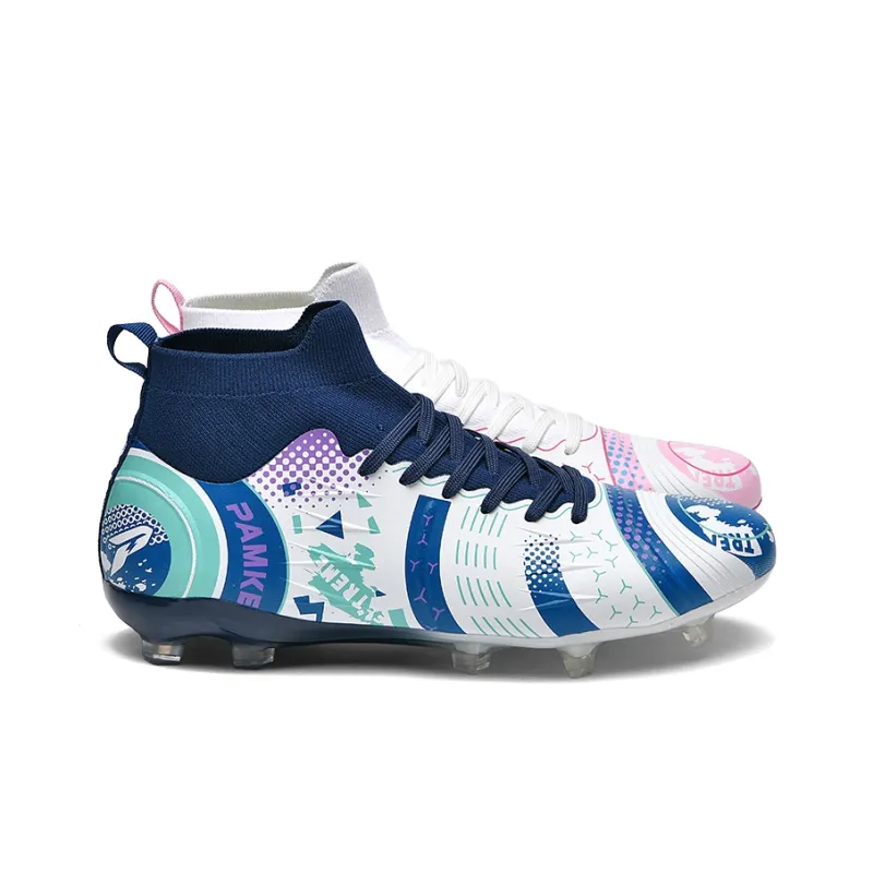 PANKE Soccer Shoes Unisex High Top White Dark Blue+White Pink Blue-1