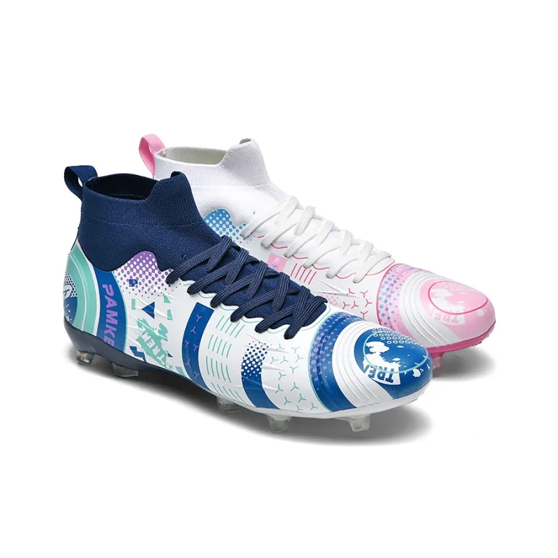 PANKE Soccer Shoes Unisex High Top White Dark Blue+White Pink Blue-2