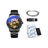 Obsidian Black, Steel Band[Trendy Box+Genuine Leather Strap+Cuban Bracelet]