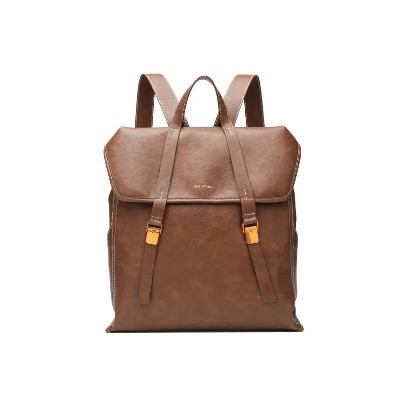 Mulinsen Polyurethane Patchwork With Cow Leather Backpack Large Size Unisex Light Coffee-1