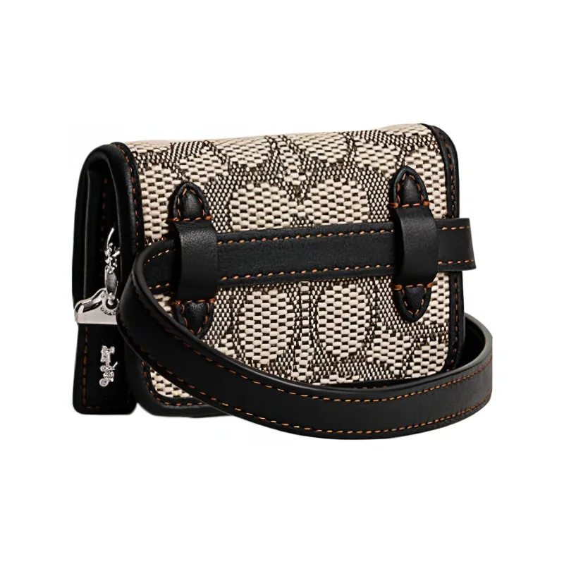 COACH Bandit Jacquard With Glove Tanned Leather Coin Purse Card Holder Fanny Pack Women's Black & Khaki-1