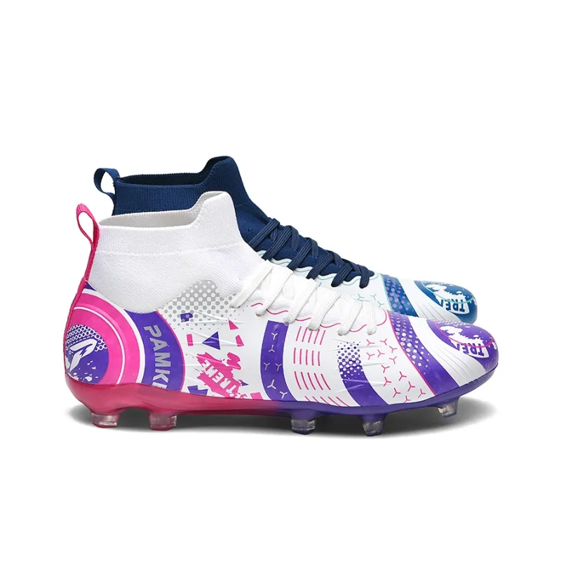 PANKE Soccer Shoes Unisex High Top Mismatched White Dark Blue+White Purple Rose-1