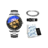 Silver, Steel Band[Trendy Box+Genuine Leather Strap+Cuban Bracelet]