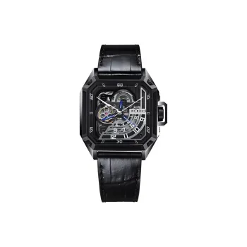 EBOHR Explorer Collection Automatic Mechanical Movement Genuine Leather Strap Watch Men's Watches Cut Out Dial