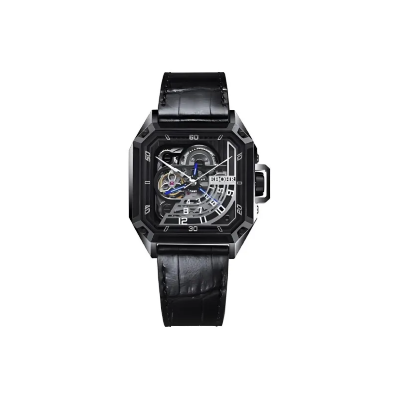EBOHR Explorer Collection Automatic Mechanical Movement Genuine Leather Strap Watch Men's Watches Cut Out Dial-0