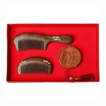 XIBI Wooden Comb Wedding Comb Set For Long Hair Women's Sandalwood Home Comb With Mirror Box Golden Wood Massage Head