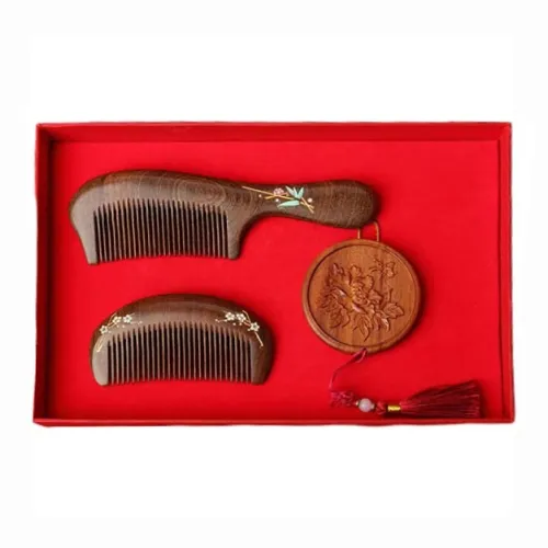 XIBI Wooden Comb Wedding Comb Set For Long Hair Women's Sandalwood Home Comb With Mirror Box Golden Wood Massage Head
