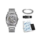 Silver Case Gray Dial Steel Band[Trendy Box+Genuine Leather Strap+Cuban Bracelet]