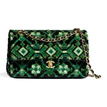 CHANEL Classic Flap CF Sequins Metal Shoulder Bag Women's Green & Black
