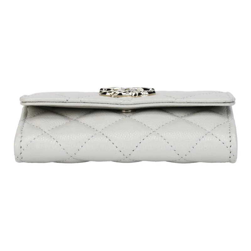 CHANEL Litchi Cow Leather Card Holder Women's Gray-3