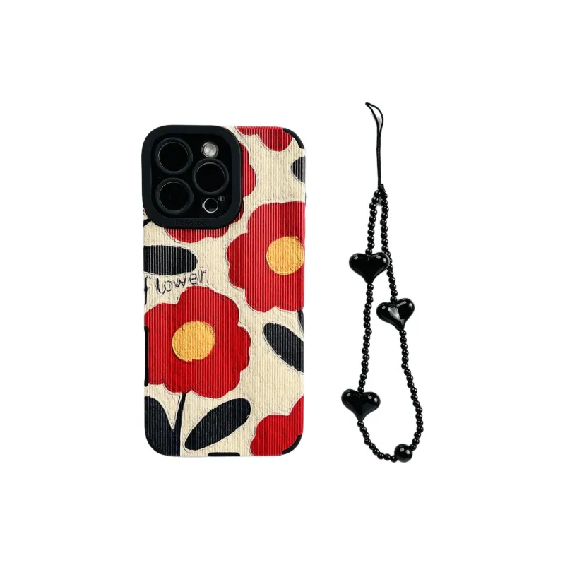 Sopi Leather Material Leather Red Flower Bracelet Phone Cases Compatible With IPhone 16/15 Pro Max/Apple 13/14 Pro/Max-7