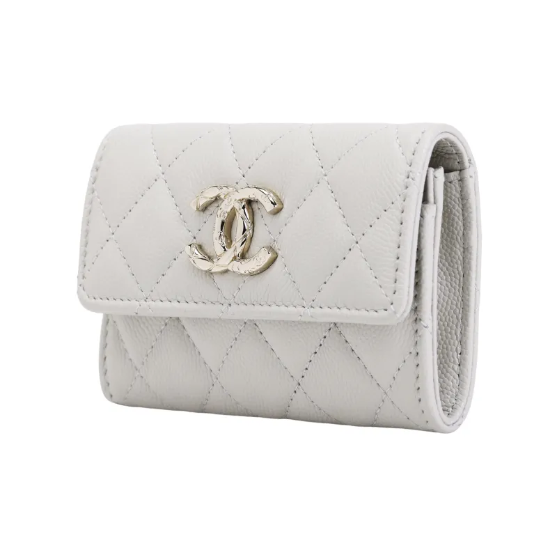 CHANEL Litchi Cow Leather Card Holder Women's Gray-1