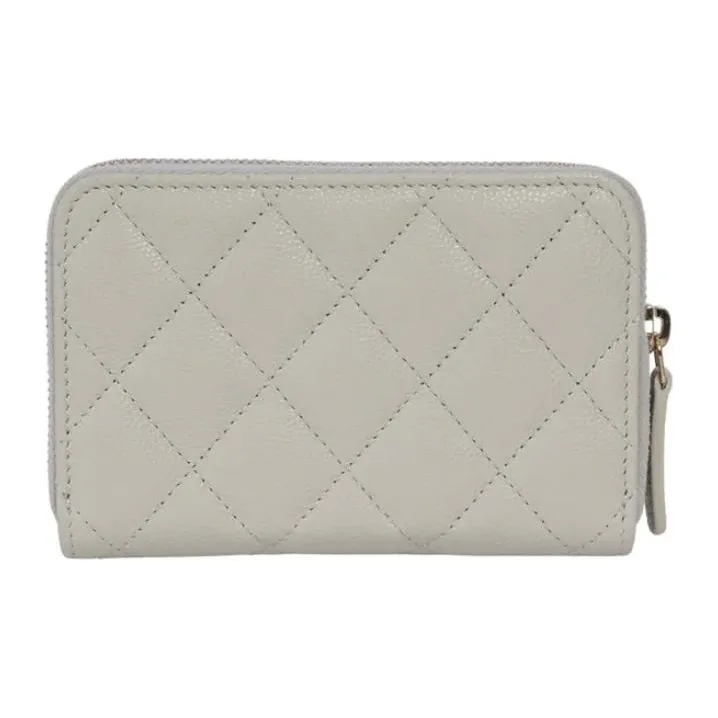 CHANEL Leather Coin Purse Women's Gray White-2