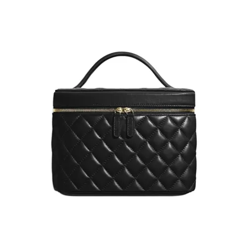 CHANEL Diamond Pattern Lambskin Box Bag With Lid Portable Makeup Bag Women's Black
