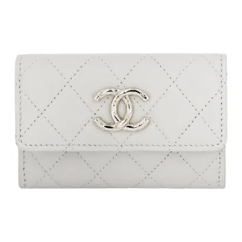 CHANEL Litchi Cow Leather Card Holder Women's Gray