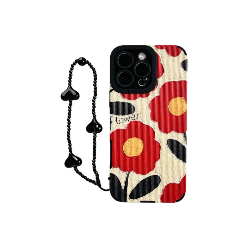 Sopi Leather Material Leather Red Flower Bracelet Phone Cases Compatible With IPhone 16/15 Pro Max/Apple 13/14 Pro/Max-6