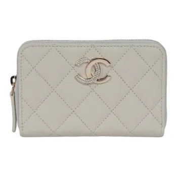 CHANEL Leather Coin Purse Women's Gray White