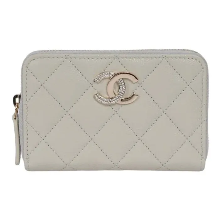 CHANEL Leather Coin Purse Women's Gray White-0
