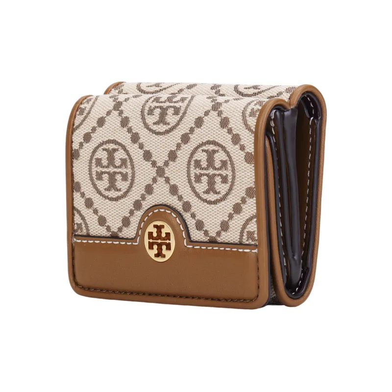 TORY BURCH T Monogram Jacquard Wallet Mini Women's Khaki & Brown-1