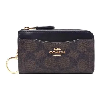 COACH Recycled Leather Card Holder Mini Women's Walnut Wood With Black Accents
